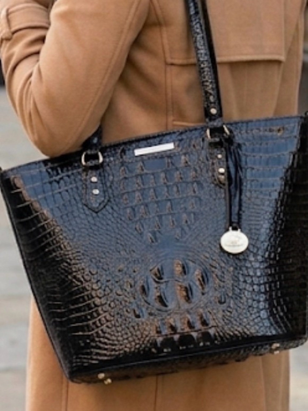 Brahmin Medium Black Asher Melbourne Croc-Embossed Leather Tote Bag